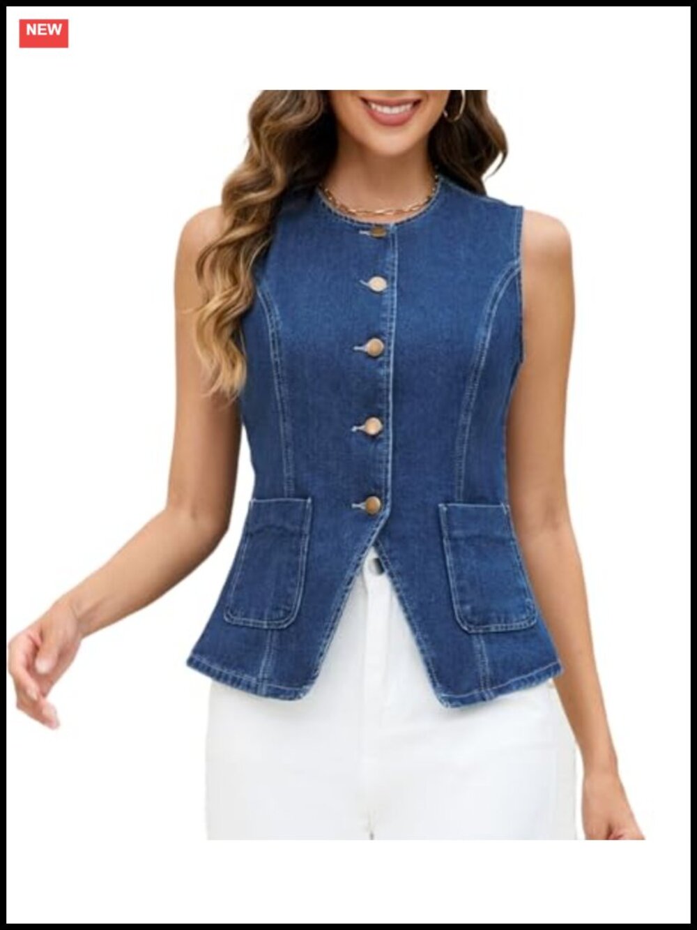 Women's Denim Vest Top Long Button Down Jean Vest with Pockets